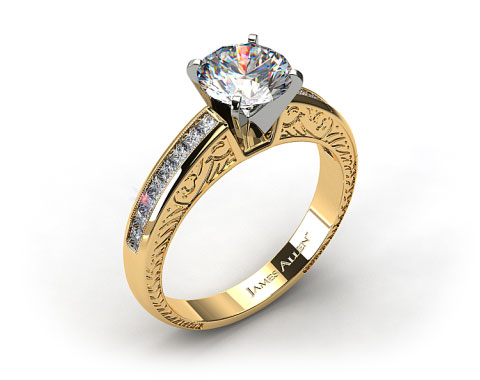 18k Yellow Gold Engraved Princess Shaped Channel Set Diamond Engagement Ring